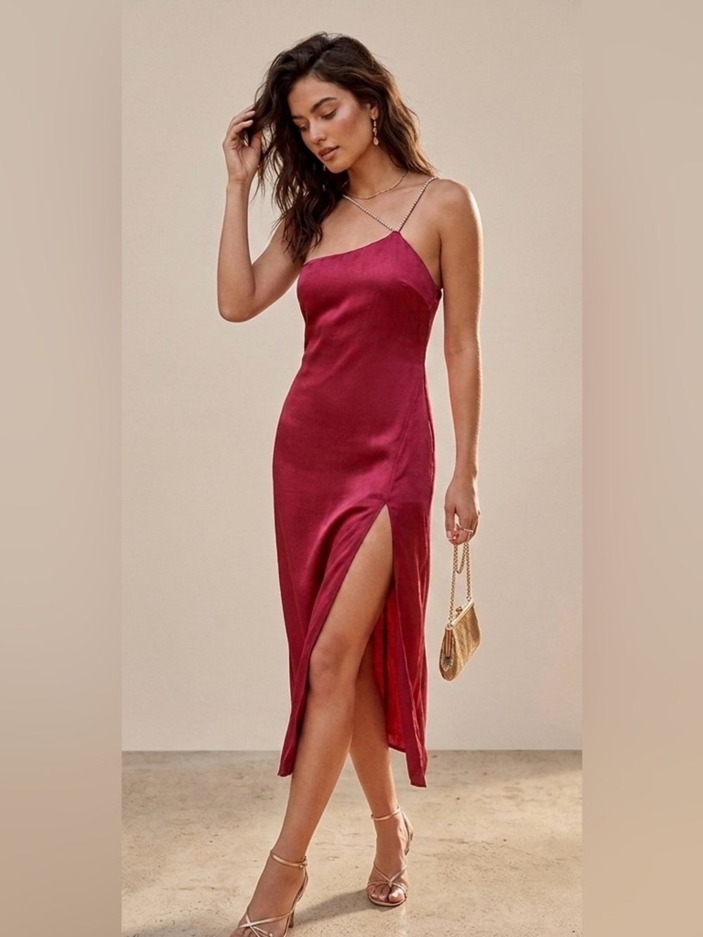 For Love & Lemons Elora One-Shoulder Satin Cocktail Dress L Evening Midi Gown